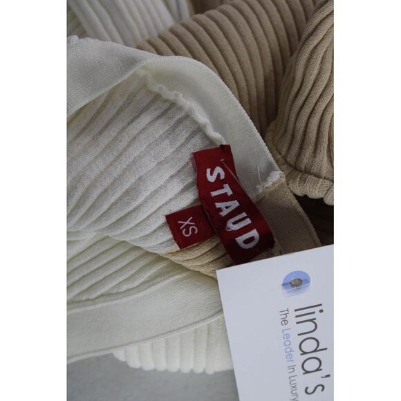 Staud Women's Ribbed Knit Long Sleeve V-Neck Colorblock Top Beige/White Size XS - Picture 4 of 6